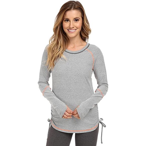 LUCY Gray Dashing Stripe Long Sleeve Ruched Side Ties Athletic Activewear Top XS - Picture 1 of 10